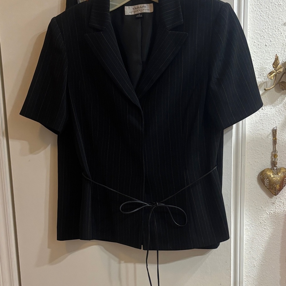 Black Pinstripe Short Sleeve Tie-Waist Suit